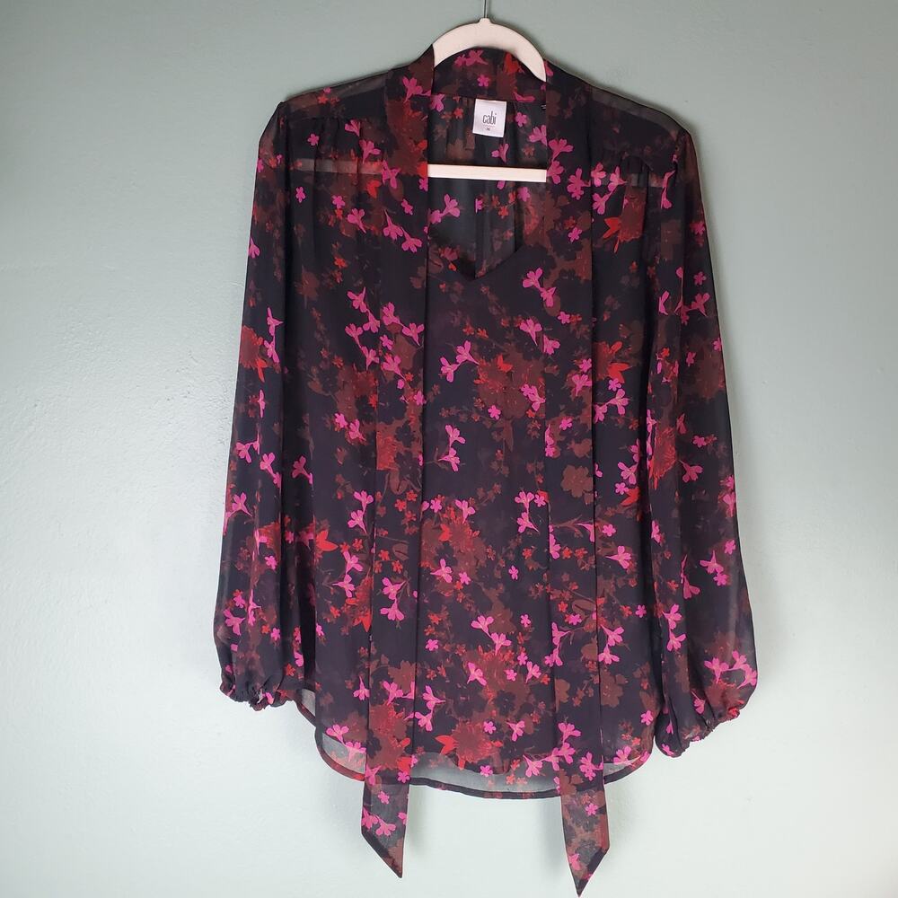Cabi Womens Black Floral Print Sheer Candlelight Long Sleeve Blouse Size Medium